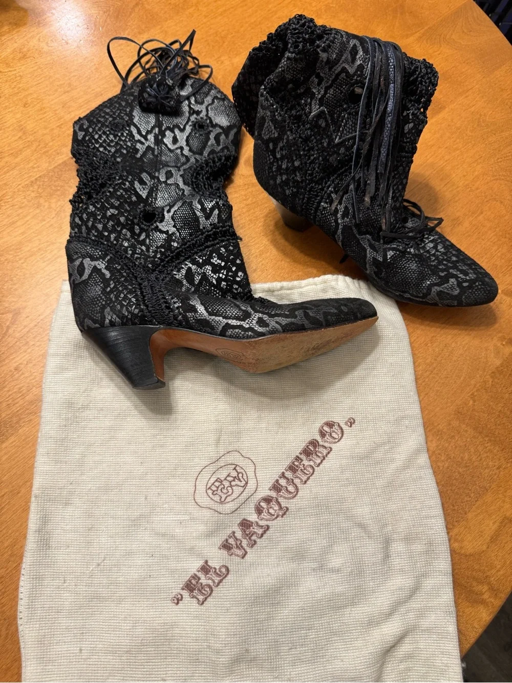 El Vaquero Black Snake-Print Lace-Up Ankle Booties